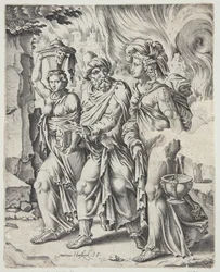 Lot och hans döttrar lämnar det brinnande Sodom