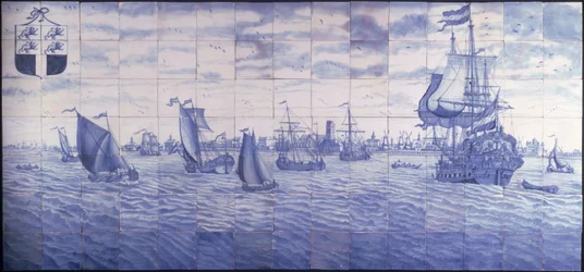 Panorama av Rotterdams hamn, ca 1700 (keramik)