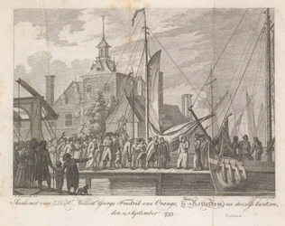 Den sårade prins Willem George Frederiks ankomst till Rotterdam, 1793 Ankomst av Z.D.H. Willem George Fredrik van Oranje, i Rotterdam, efter sina sår, 15 september 1793 (titel på objekt)