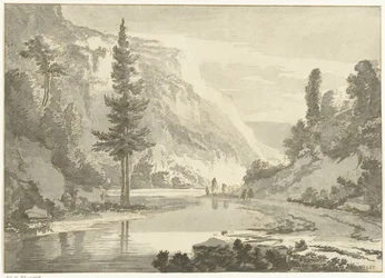 Berglandskap med herdar på en flodstrand