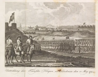Franska trupper lämnar Landrecy, 1794 De franska truppernas tillbakadragande från Landrecies den 11 maj 1794 (titel på objekt)
