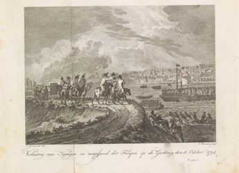 Franska beskjuter de flyende trupperna på Gierbrug, 1794 Övergivande av Nymegen och Katastrof för trupperna på Vulture Bridge, 16 oktober 1794 (titel på objekt)