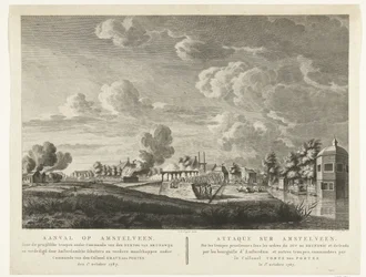 Preussiska trupper attackerar Amstelveen som försvaras av Amsterdams milismän den 1 oktober 1787 Attack på Amstelveen ... den 1 oktober 1787 (titel på objekt) Attaque sur Amstelveen ... le 1er. Oktober 1787 (titel på objekt)