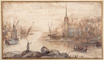 En hamnscen med sjöfart och en kyrka vid solnedgången (penna & brunt bläck med brun tvätt på papper)