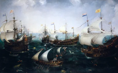 Heemskerks nederlag mot spanjorerna vid Gibraltar, 25 april 1607, ca 1619 (olja på duk)