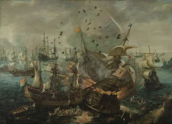 Explosionen av det spanska flaggskeppet under slaget vid Gibraltar, ca 1621 (olja på duk)