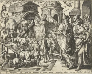 Noa går ombord på arken med sin familj och djuren The History of Noah (serietitel)