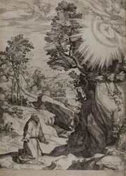 Saint Francis botgörande i ett stort landskap
