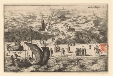 Utsikt över Scheveningen från havet Schevelinge (titel på objekt)