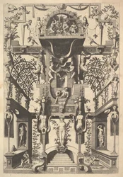 Fantastisk arkitekturstruktur med remmar och två pergolor och en liten scen med Vu..., 1557.