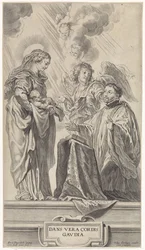 Ett okänt helgon (Ignatius av Loyola?) knäböjer inför Maria med barnet
