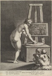 Bild: allegori över målning, med en naken kvinna i mitten som maler pigment, två p..., ca. 1610-50.