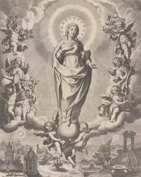 Jungfrun i ära, stående på moln och omgiven av änglar som håller i symbolerna ..., 1595-1633.