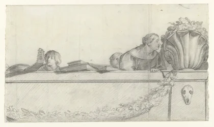 Människor på en balustrad med festonger Design för väggmålningar i Honselaersdijk Castle (serietitel)
