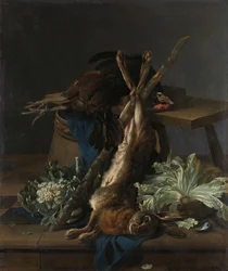 Stilleben med hare och en svart tupp