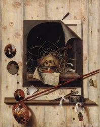 Trompe loeil med Studio Wall och Vanitas stilleben, 1668
