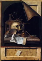 ""Nature morte a la vanite"" (Vanitas stilleben) Peinture de Cornelis Norbertus Gysbrechts ou Gijsbrechts (1630 - 1675) Olja på duk Dim 89x62 cm Privat samling