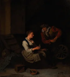 En kavaljer och en kvinna vid spinnhjulet, 1662.