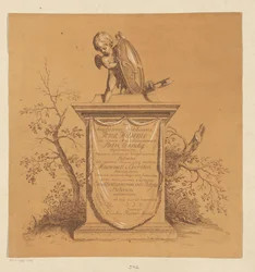 Stående putto på ett monument med dedikation till Jonas Witsen