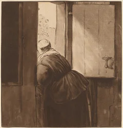 Kvinna lutad över en nedre dörr, 1761, publicerad 1765.