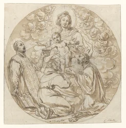 Maria med barnet, tillbedd av den helige Ignatius av Loyola, den helige Frans Xavier och en helig munk