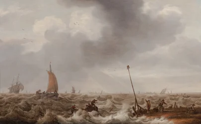 Frakt i hackiga hav längs kusten med en brygga, en fyr och en stad i fjärran, ca 1600-55 (olja på panel)