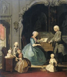 Familjegrupp nära ett cembalo Familjegrupp vid ett cembalo