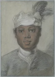 Huvud av en ung svart man med turban med fjädrar