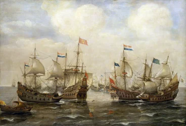 En sammandrabbning mellan spanjorer och holländare omkring 1630, varje båt har sin flagga, och till vänster bär en båt de holländska generalstaternas flagga