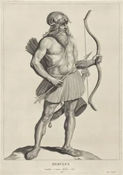 Herulian Herulus (titel på objekt) Oude hier woonachtige volken (serietitel) Peplus eller goterna, vandalerna, schwaberna, herulerna, gepiderna, markomannerna och de gamla fyrdubbla bilderna från fornminnena och Marcus Zuerius Boxhornius museum (serie tit