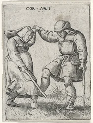 En man med en bandagerad fot dansar med en kvinna, 1572 (gravyr på lagt papper)