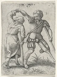 En man med ett träben som vänder en halt kvinna under armen, 1572 (gravyr på lagt papper)