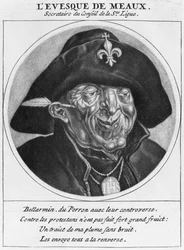 Protestantisk karikatyr av Bossuet, biskop av Meaux, illustration från Les Heros de La Ligue ou La Procession monacale, ledd av Ludvig XIV, för omvändelsen av protestanterna i hans rike, Paris,