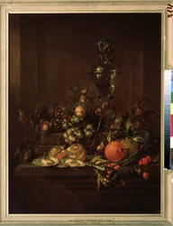 "Stilleben av vinterfrukter med en bägare" (Still life with a bägare) Apelsin, citron, valnötter, hasselnötter, kastanjer (kastanjer?), ostron, ärtor, vinbär, sniglar, körsbär Målning av Cornelis de Heem (1631-1695) omkring 1680 Pushkin Museum, Mo