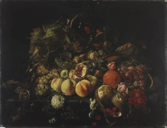 Stilleben med blommor och frukter