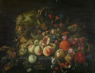 Stilleben med blommor och frukter, ca 1670 (olja på duk)