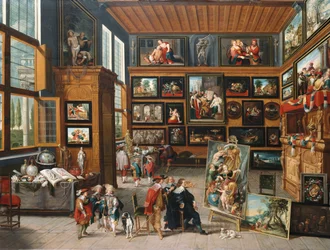 En rymlig entréhall med bilder, samlarföremål, en konstnär och en kännare, ca 1635-1640