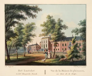 Lustslot i Haagsche Bosch. Vue de la Maison de plaisance, au Bois de la Haije, 1825 (handfärgad gravyr)