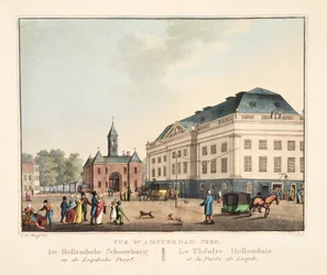 Utsikt över Amsterdam nr 20. De Hollandsche Schouwburg en de Leydsche Poort. Den holländska teatern och hamnen i Leyden, 1825 (handfärgad gravyr)