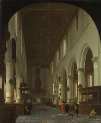 Interiör av Oude Kerk i Delft från koret mot portalen