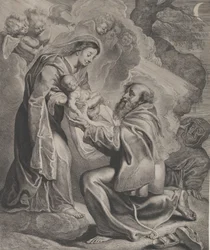 Visionen av den helige Franciskus, som knäböjer till höger, tar emot Kristusbarnet från Jungfrun..., 1650.