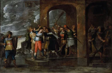 Historien om den förlorade sonen: utvisning. Målning av Cornelis De Wael (1592-1667), cirka 1630-1639. flamländsk konst. Olja på duk. Mått: 57x86cm. Gener, Privee Collection.