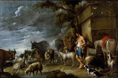 Målning av Cornelis De Wael (1592-1667), cirka 1630-1639. flamländsk konst. Berättelsen om den förlorade sonen: grisarnas vakt. Flockskötare med gris, belier, get, ko, get, häst, hund och får. Olja på duk. Mått: 57x86cm. Privat samling, Genes