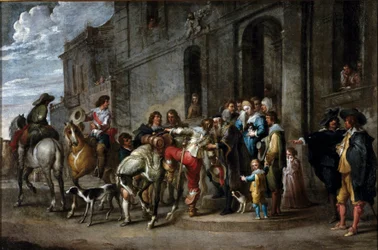Bibelns liknelse: "" Den förlorade sonens bortgång"" Målning av Cornelis De Wael (1592-1667) (ec.flam.) 1630-1639 Dim. 57x86 cm Gener, privat samling
