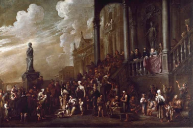 De sju verken av kroppslig misericorde: "" ge mat åt de hungriga"" Målning av Cornelis De Wael (1592-1667) (ec.flam) Gener, samling Banco di Chiavari