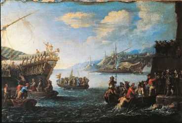 Trupper embarkerar på galär i Genuas hamn