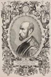 Porträtt av Abraham Ortelius (1528-1598), gravyr av Cornelius Galle d.ä. (1576-1650) ur L