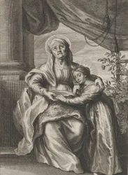 Jungfruns utbildning, med Saint Anne sittande på en bänk och tittar uppåt och ..., ca. 1645-78.