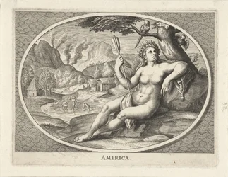 Kvinnlig personifiering av Amerika som en kvinna med en huvudbonad av fjädrar och en pil i ett landskap Amerika (titel på objekt)