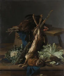 Stilleben med hare och svart tupp